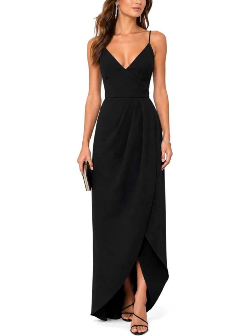 Xscape Black Evening Gown Spaghetti Strap Tulip Hem Maxi Dress